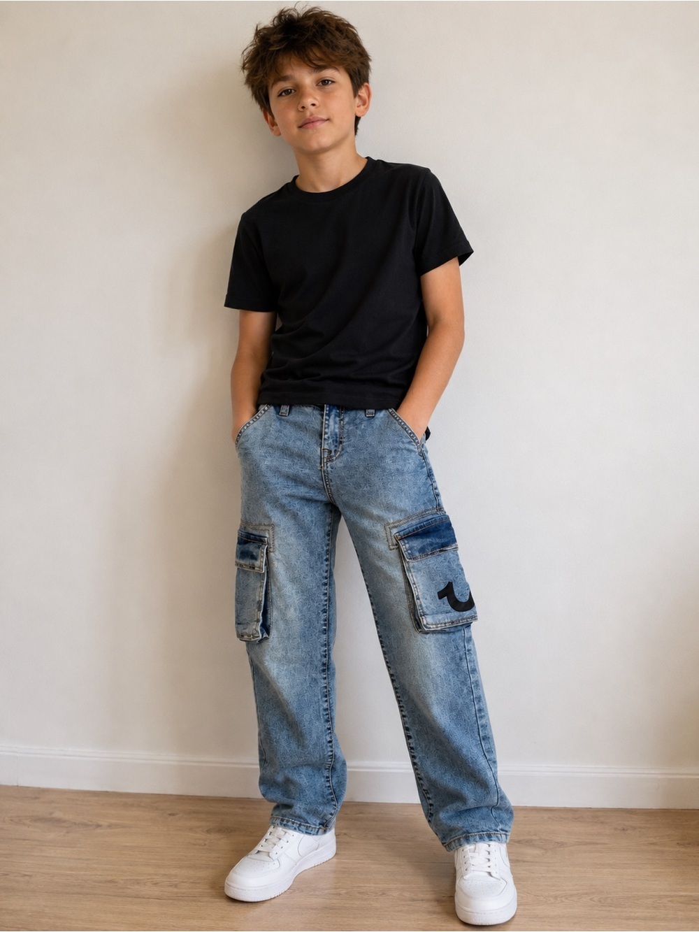True Religion Ricky Relaxed Straight Cargo Jeans Youth Size 14 Light Wash Denim